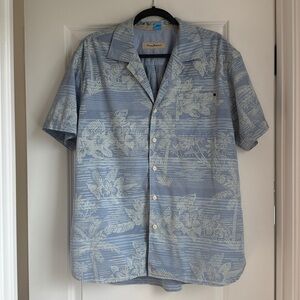 Tommy Bahama Shirt Mens Blue Gray Hawaiian Aloha Floral Button Front L